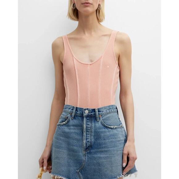 Agolde Women's Ribbed Elna Corset-Seam Bodysuit Grapefruit Size Medium - Picture 1 of 8